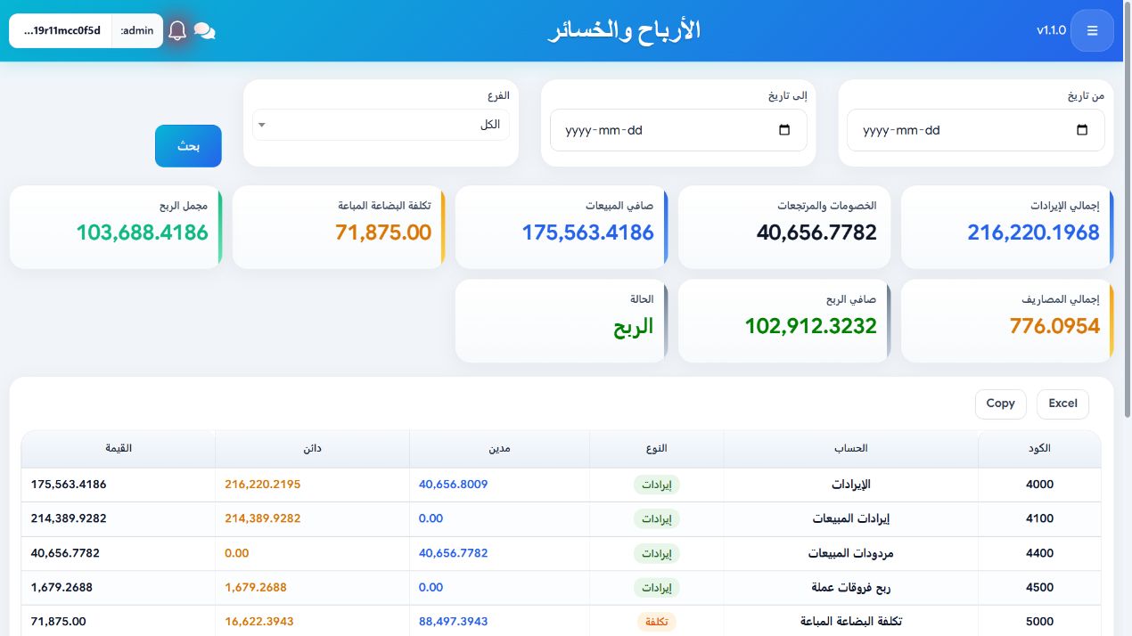 صفحة الأرباح والخسائر في Lumi تعرض الإيرادات والتكاليف وصافي الربح ببيانات تجريبية